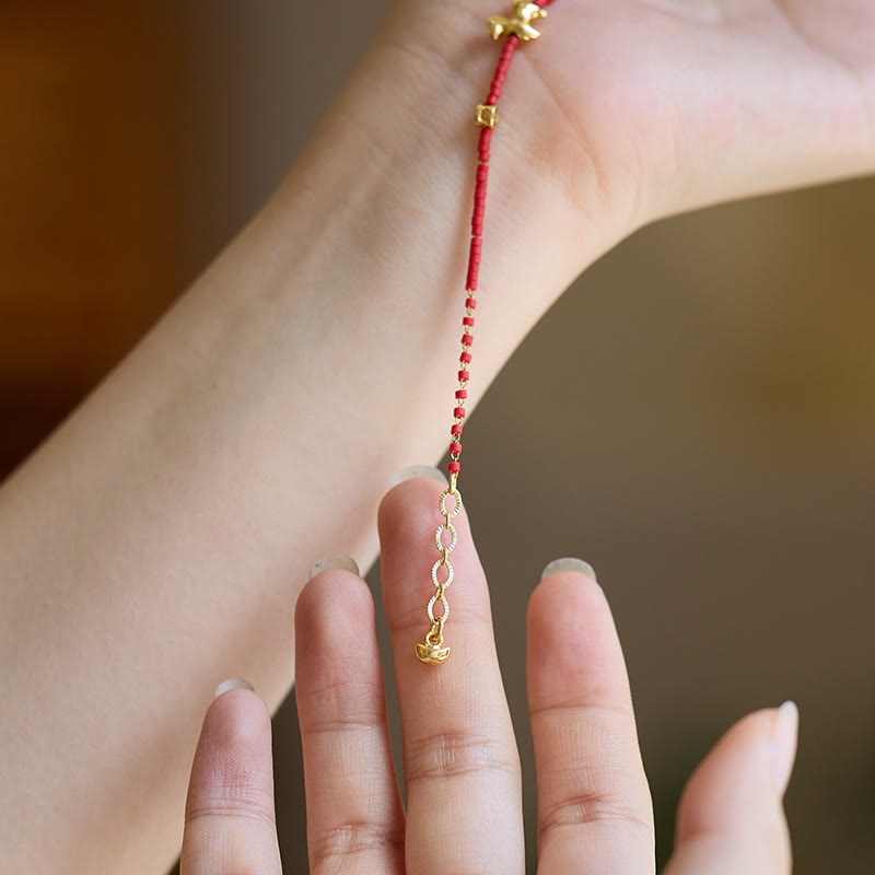 Bransoletka Buddha Stones , 925 srebro platerowane złotem, Rok Konia, czerwony Liuli, szkło Budda, dobrobyt - image 4