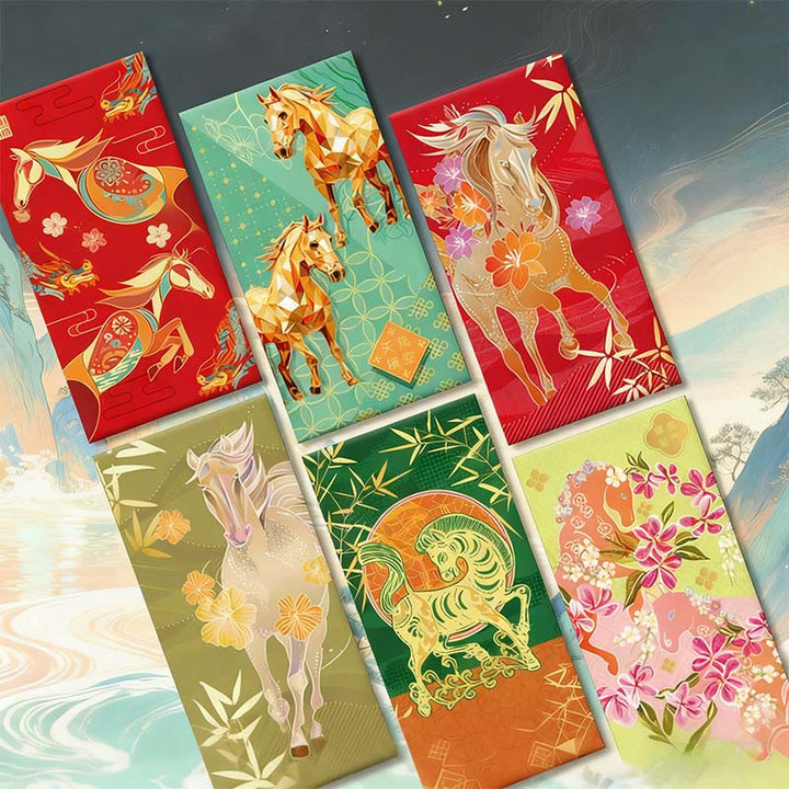 Buddha Stones 6 szt. Wielokolorowa chińska czerwona koperta na Rok Konia 2026 Nowy Rok - image 22