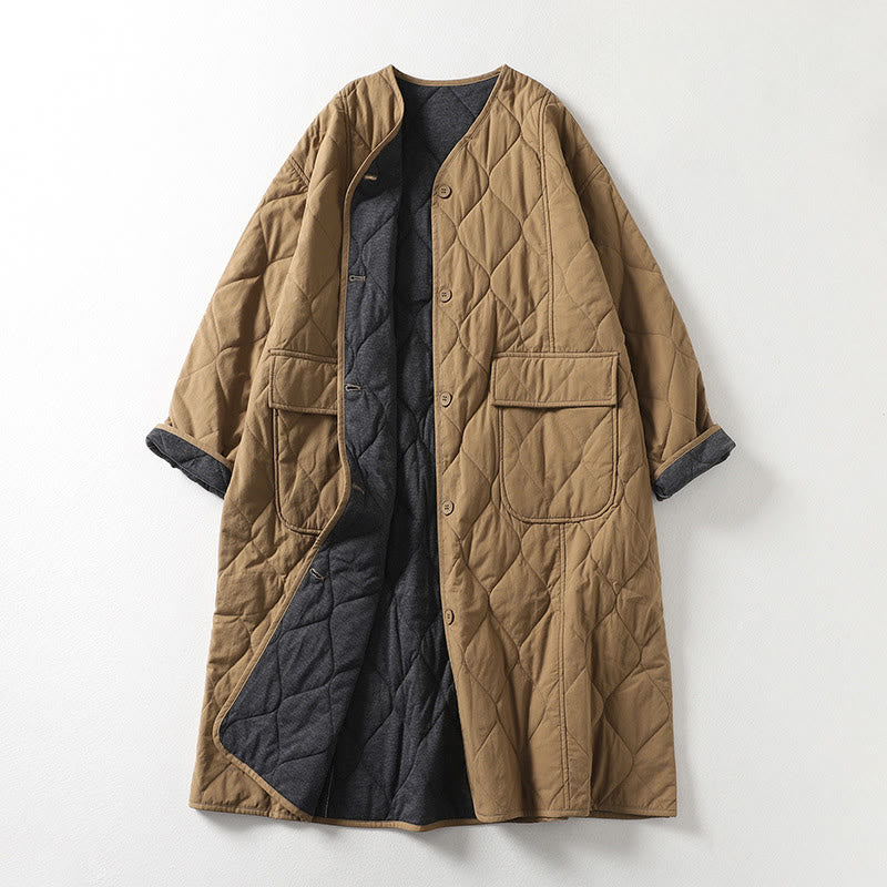 Płaszcz damski z bawełny z okrągłymi guzikami i dekoltem w serek, z długim rękawem i kieszeniami, z Buddha Stones - Dębnik - US14, UK/AU18, EU46 (2XL) - image 0