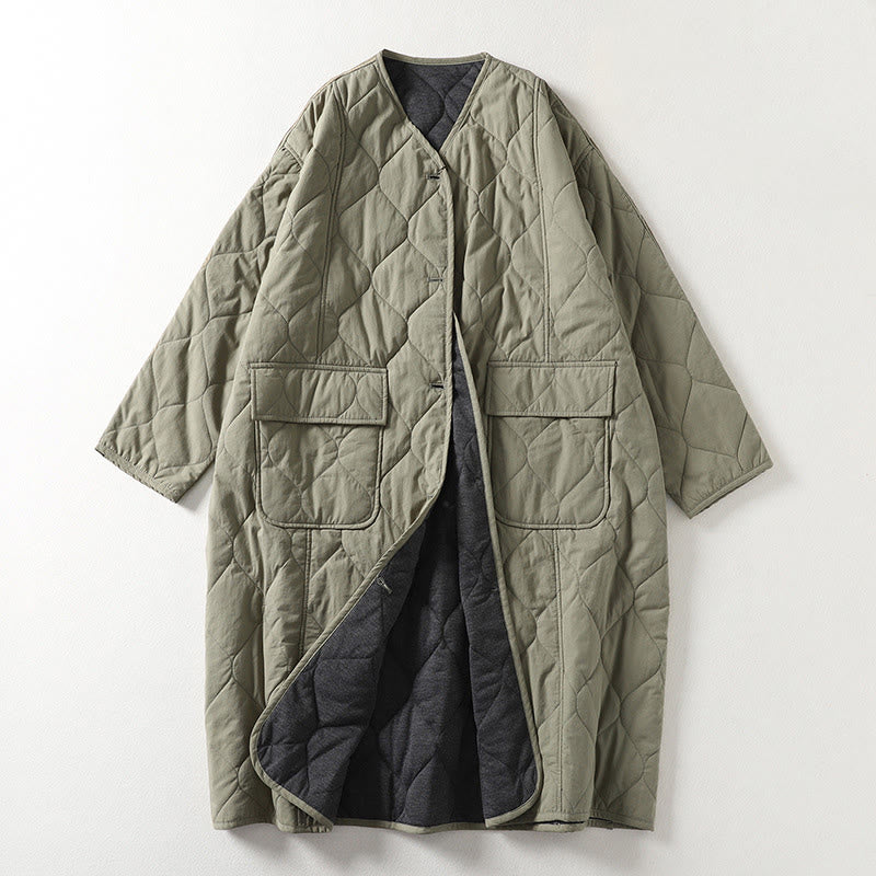 Płaszcz damski z bawełny z okrągłymi guzikami i dekoltem w serek, z długim rękawem i kieszeniami, z Buddha Stones - DarkSeaGreen - US14, UK/AU18, EU46 (2XL) - image 6