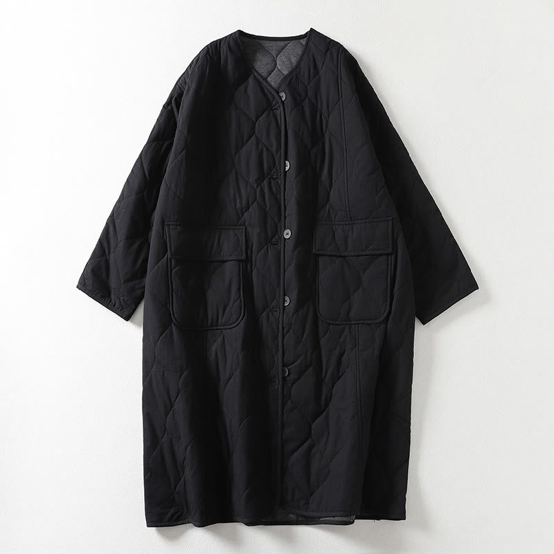 Płaszcz damski z bawełny z okrągłymi guzikami i dekoltem w serek, z długim rękawem i kieszeniami, z Buddha Stones - Czarny - US14, UK/AU18, EU46 (2XL) - image 5