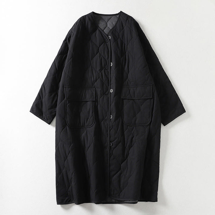 Płaszcz damski z bawełny z okrągłymi guzikami i dekoltem w serek, z długim rękawem i kieszeniami, z Buddha Stones - Czarny - US14, UK/AU18, EU46 (2XL) - image 5