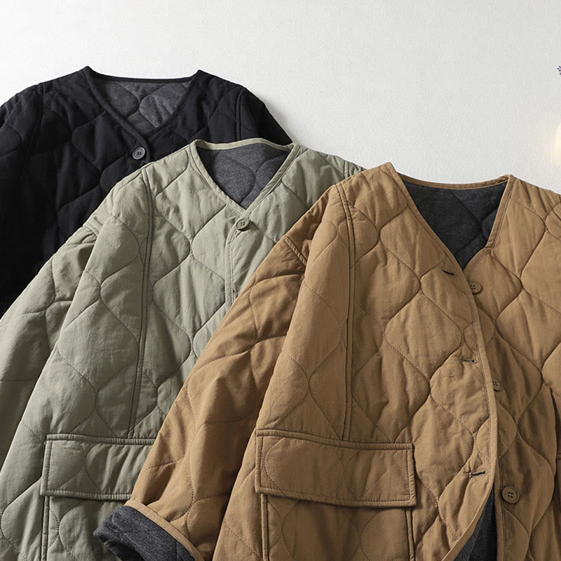 Płaszcz damski z bawełny z okrągłymi guzikami i dekoltem w serek, z długim rękawem i kieszeniami, z Buddha Stones - image 8