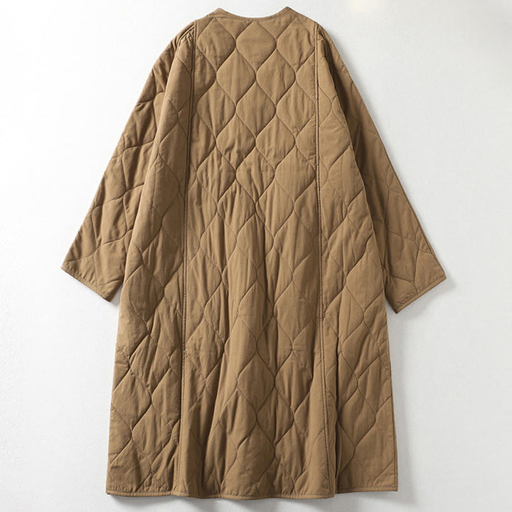 Płaszcz damski z bawełny z okrągłymi guzikami i dekoltem w serek, z długim rękawem i kieszeniami, z Buddha Stones - image 1