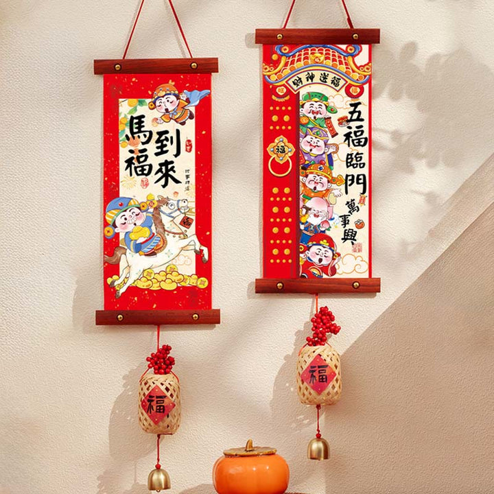 Buddha Stones Rok Konia Chiński Nowy Rok Święto Wiosny Szczęście Wisząca dekoracja - Pięć błogosławieństw powraca do domu Fu Charm Style 15*60 cm - image 13