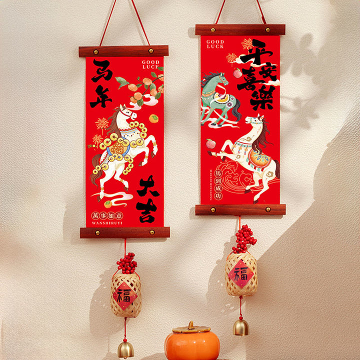 Buddha Stones Rok Konia Chiński Nowy Rok Święto Wiosny Szczęście Wisząca dekoracja - Szczęście i radość Fu Charm Style 15*60 cm - image 12