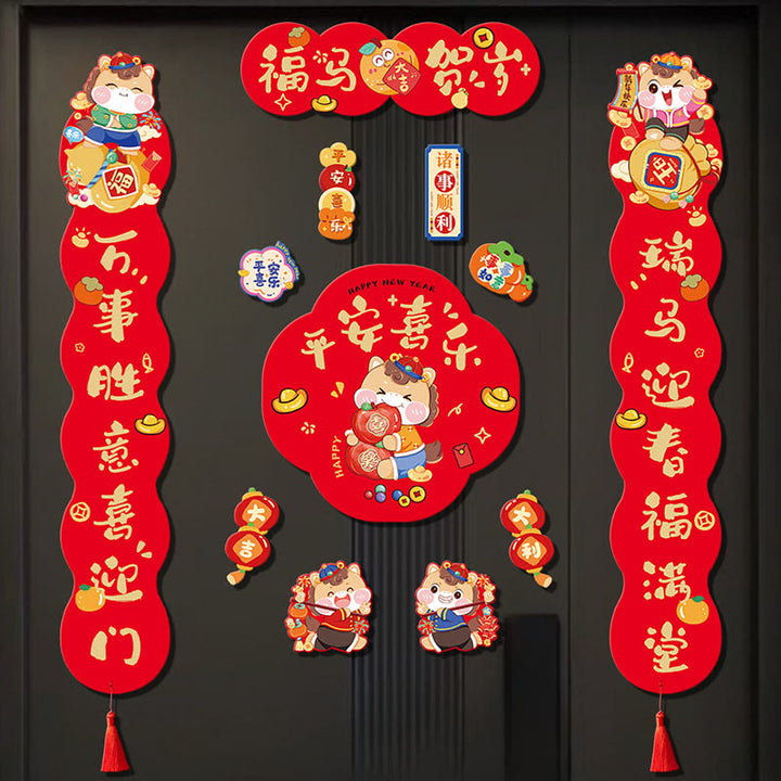 Buddha Stones Rok Konia Magnetyczne Święto Wiosny Wiosenne Kółka z Chwostem  - 4 sztuki szczęśliwych koni przynoszących noworoczne błogosławieństwa (z 8 sztukami magnesów na lodówkę) - image 2