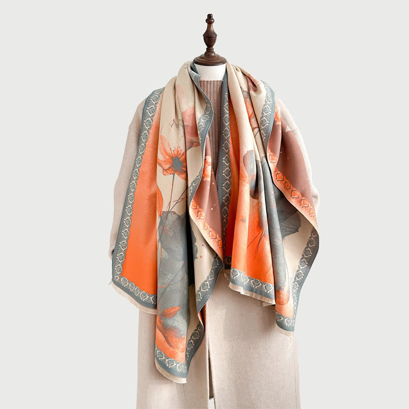 Buddha Stones Zimowe Malowanie Tuszem Kwiaty Lotosu Liście Wzór Miękki Szalik - SandyBrown - 180*65 cm - image 0