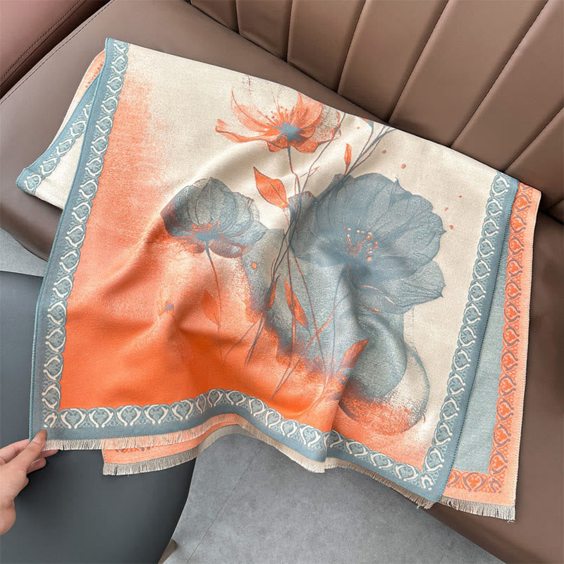 Buddha Stones Zimowe Malowanie Tuszem Kwiaty Lotosu Liście Wzór Miękki Szalik - image 1