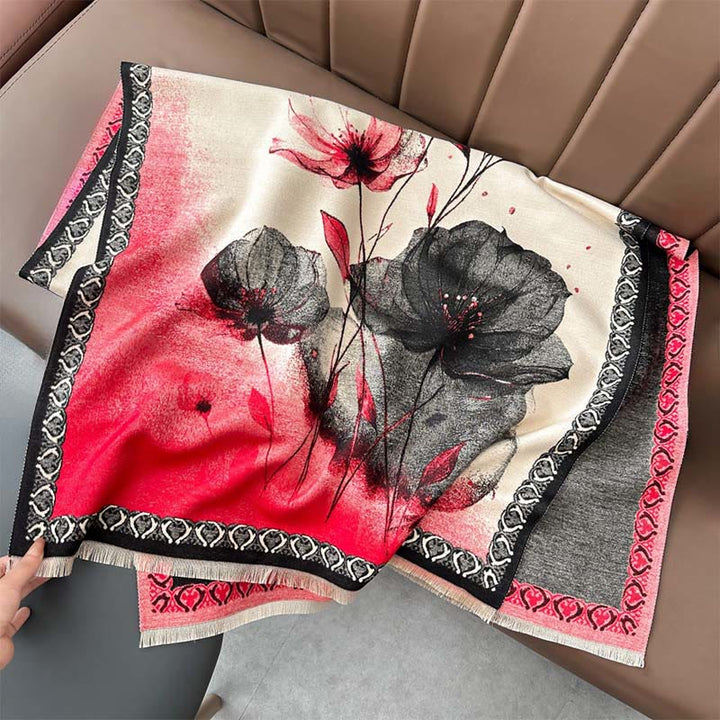 Buddha Stones Zimowe Malowanie Tuszem Kwiaty Lotosu Liście Wzór Miękki Szalik - Pomidor - 180*65 cm - image 4