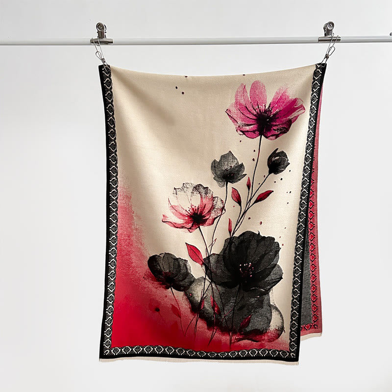 Buddha Stones Zimowe Malowanie Tuszem Kwiaty Lotosu Liście Wzór Miękki Szalik - image 7