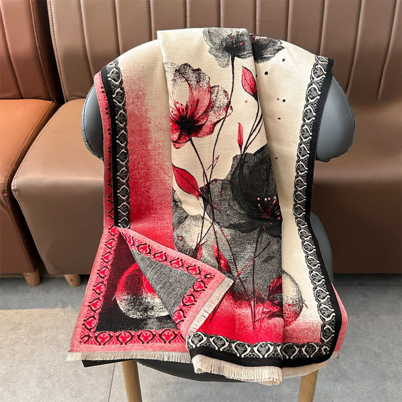 Buddha Stones Zimowe Malowanie Tuszem Kwiaty Lotosu Liście Wzór Miękki Szalik - image 5