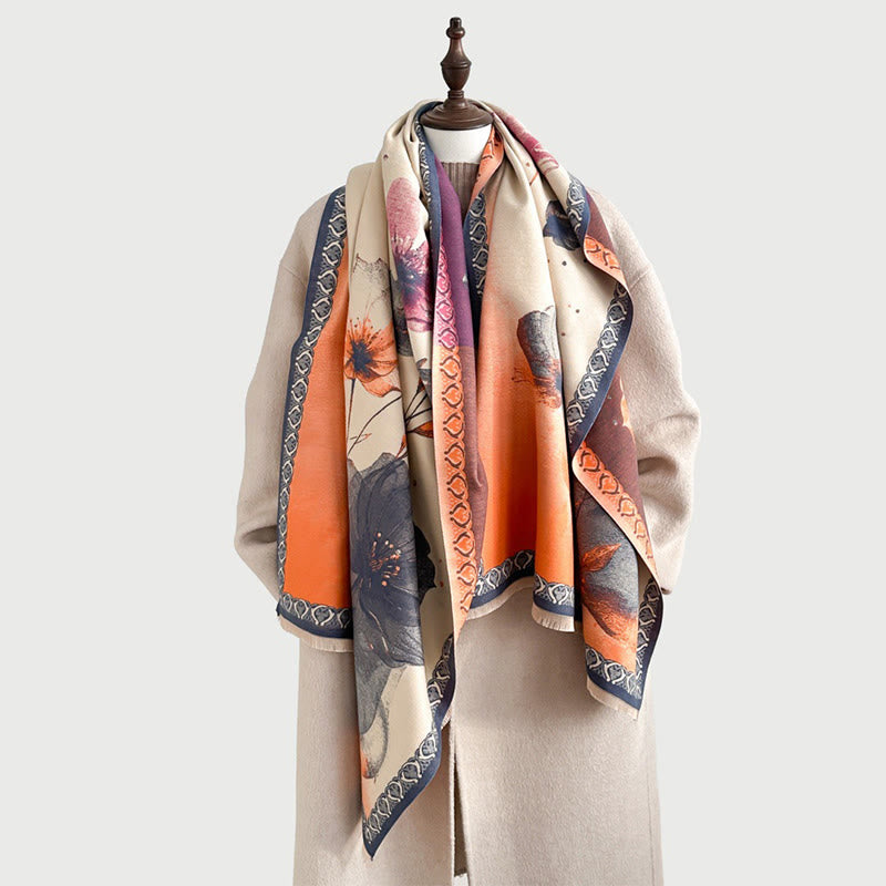 Buddha Stones Zimowe Malowanie Tuszem Kwiaty Lotosu Liście Wzór Miękki Szalik - image 9