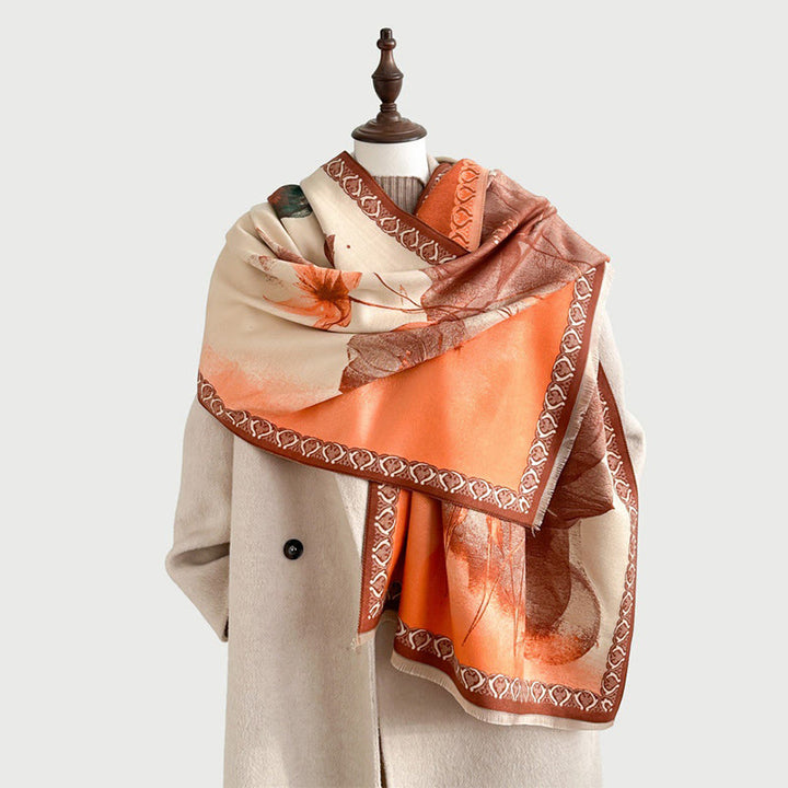 Buddha Stones Zimowe Malowanie Tuszem Kwiaty Lotosu Liście Wzór Miękki Szalik - image 13