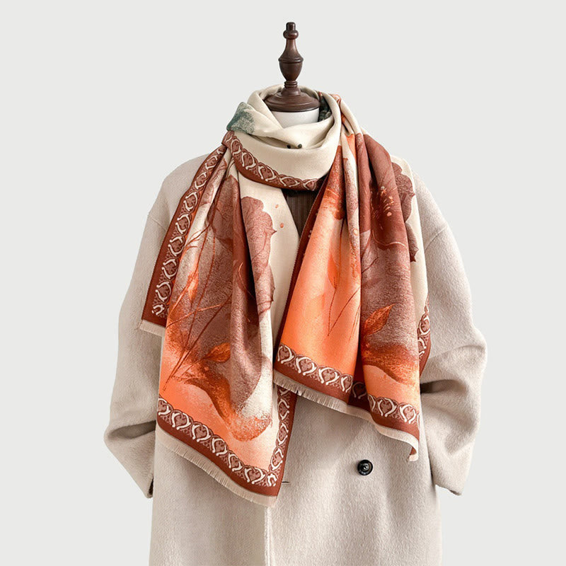 Buddha Stones Zimowe Malowanie Tuszem Kwiaty Lotosu Liście Wzór Miękki Szalik - image 14