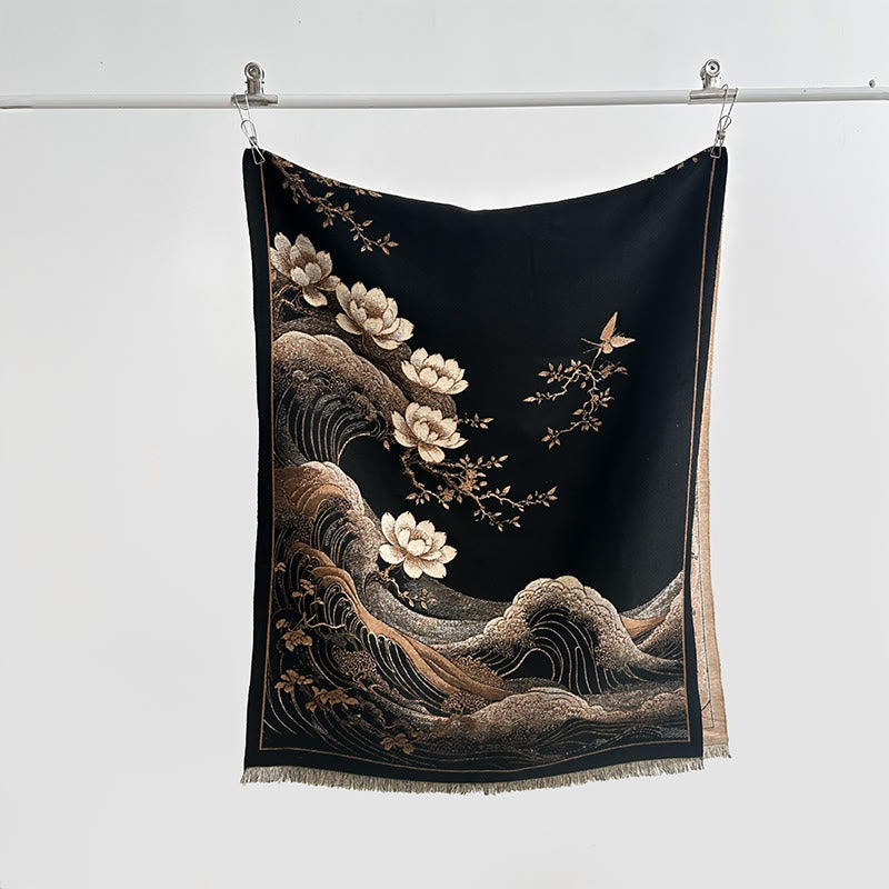 Buddha Stones, kwiaty lotosu, wzór fal oceanicznych, miękki szalik z frędzlami - image 1