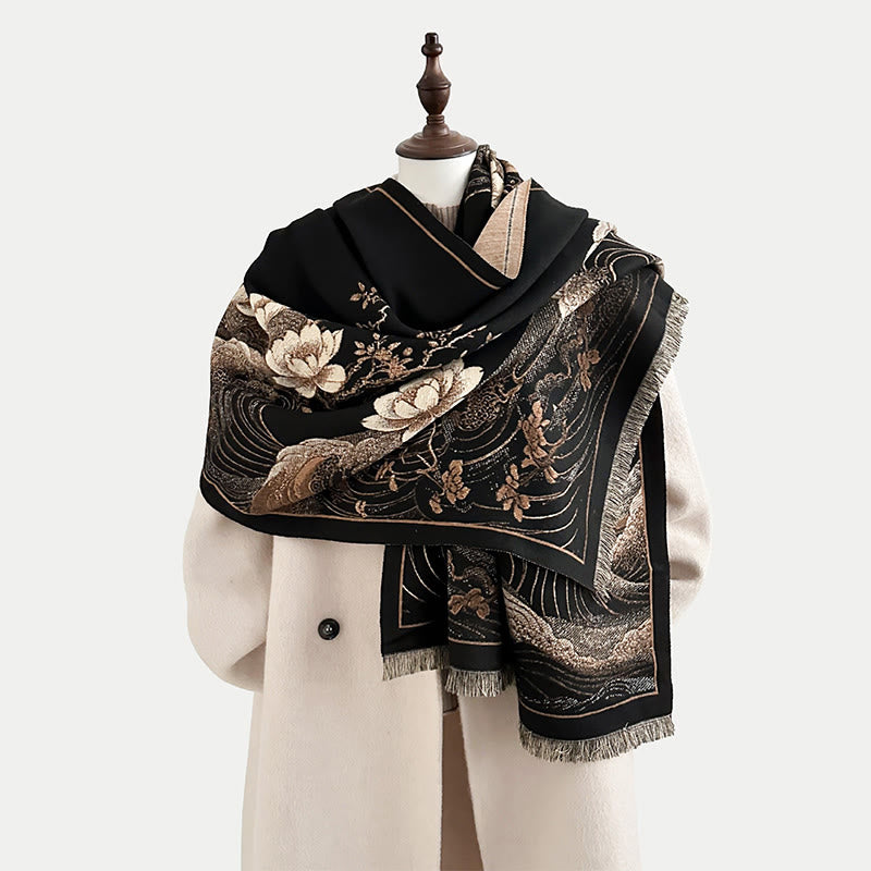 Buddha Stones, kwiaty lotosu, wzór fal oceanicznych, miękki szalik z frędzlami - Czarny - 185*65 cm - image 0