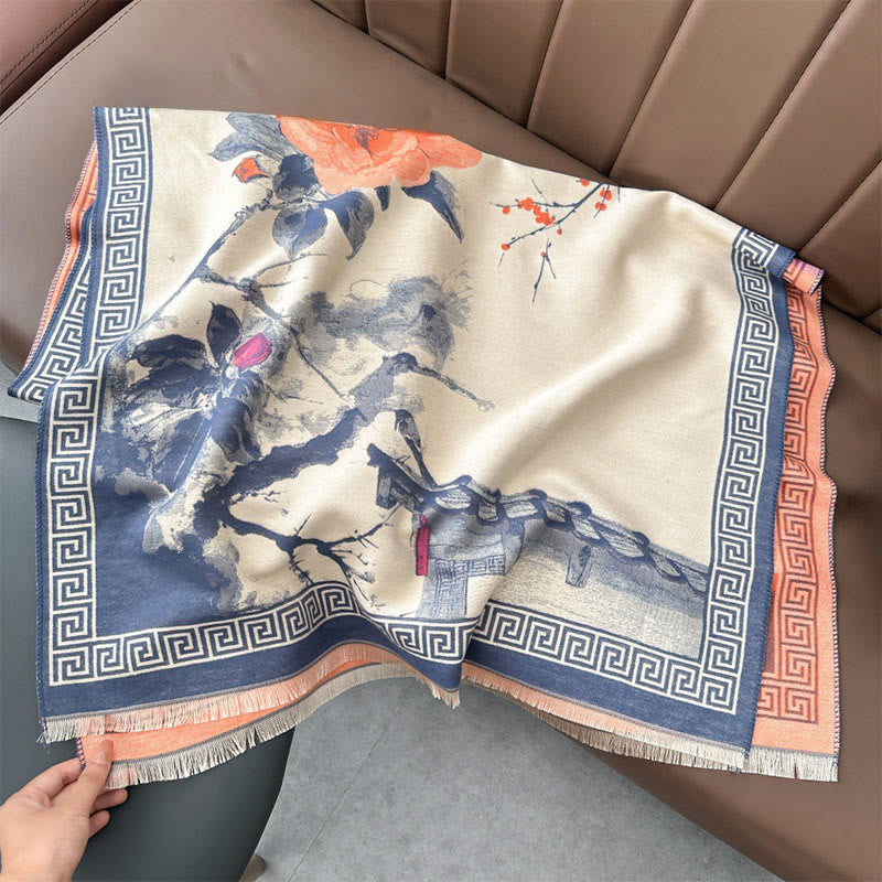 Buddha Stones, Jesienny Kwiat Śliwy, Okap, Malowanie Tuszem, Wzór Przytulny Szalik - LightSteelBlue - 180*65 cm - image 8