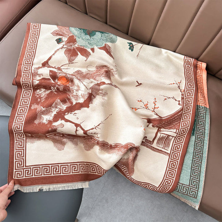 Buddha Stones, Jesienny Kwiat Śliwy, Okap, Malowanie Tuszem, Wzór Przytulny Szalik - image 1