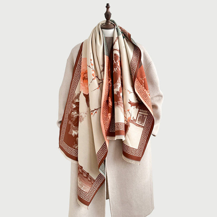 Buddha Stones, Jesienny Kwiat Śliwy, Okap, Malowanie Tuszem, Wzór Przytulny Szalik - image 3