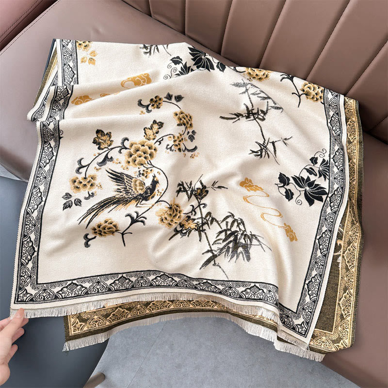 Buddha Stones Zimowe Ptaki Bambusowe Liście Winorośli Wzór Miękki Szalik - Beżowy - 180*65 cm - image 8