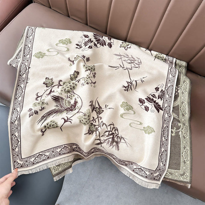 Buddha Stones Zimowe Ptaki Bambusowe Liście Winorośli Wzór Miękki Szalik - Ciemny Khaki - 180*65 cm - image 12