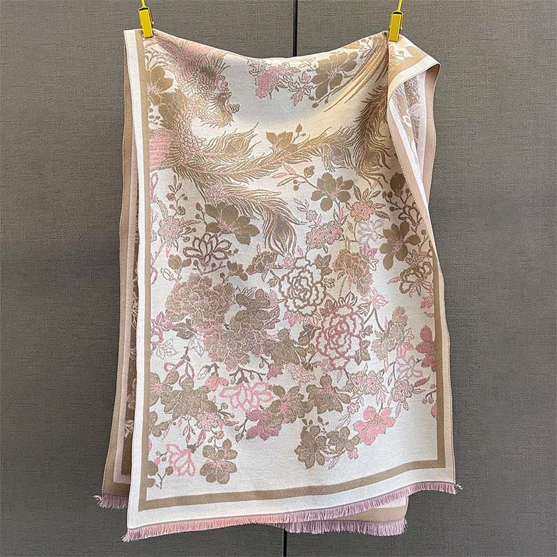 Miękki szal z motywem kwiatów feniksa i Buddha Stones - Ciemny Khaki - 185*65 cm - image 4