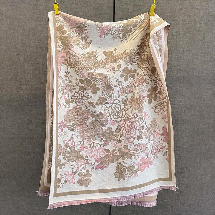 Miękki szal z motywem kwiatów feniksa i Buddha Stones - Ciemny Khaki - 185*65 cm - image 4