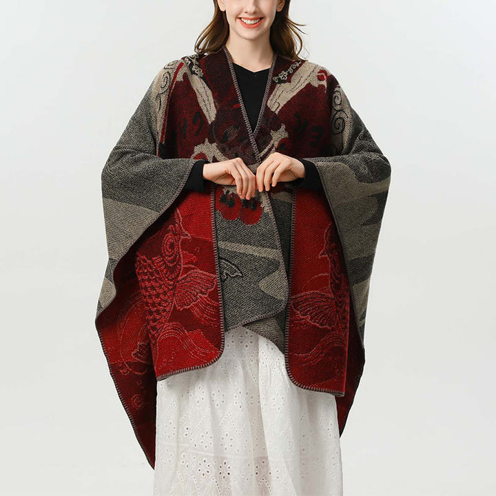 Buddha Stones Zimowy Wzór Fal Ryb Koi Ciepły Przytulny Szalik - IndianRed - 130*150 cm - image 0