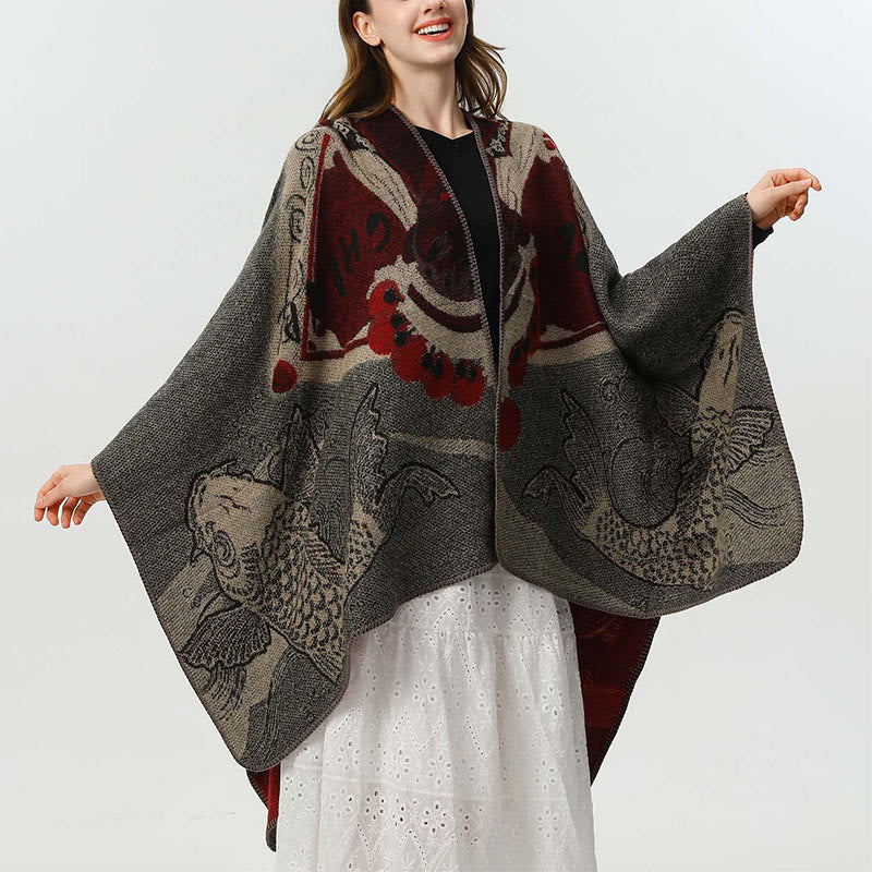 Buddha Stones Zimowy Wzór Fal Ryb Koi Ciepły Przytulny Szalik - image 3