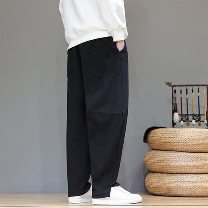 Spodnie męskie z bawełny i lnu Buddha Stones Winter Solid Color z podszewką z polaru i kieszeniami - image 15