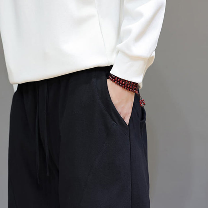 Spodnie męskie z bawełny i lnu Buddha Stones Winter Solid Color z podszewką z polaru i kieszeniami - image 17