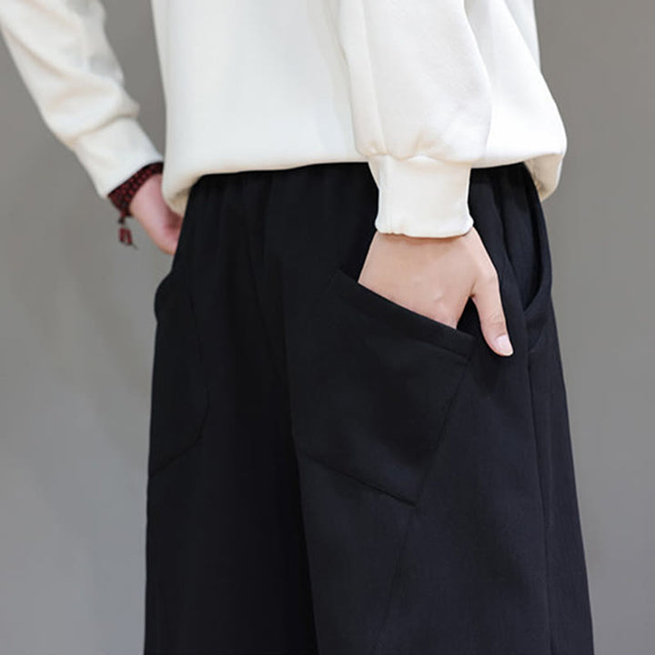 Spodnie męskie z bawełny i lnu Buddha Stones Winter Solid Color z podszewką z polaru i kieszeniami - image 19