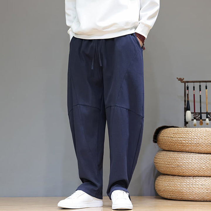 Spodnie męskie z bawełny i lnu Buddha Stones Winter Solid Color z podszewką z polaru i kieszeniami - image 8