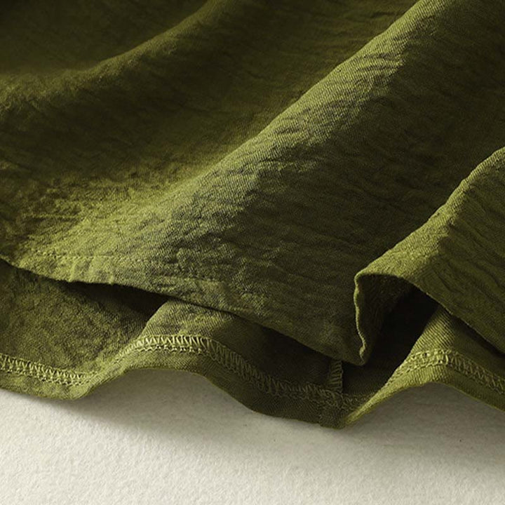 Koszula damska z bawełny i lnu z długim rękawem i okrągłym dekoltem w kolorze oliwkowo-zielonym z motywem kamieni Buddha Stones - image 9