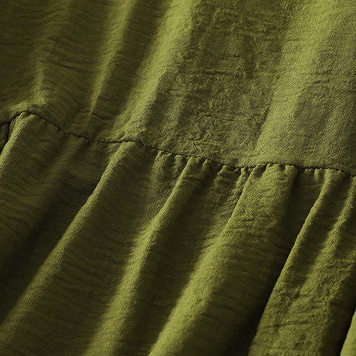 Koszula damska z bawełny i lnu z długim rękawem i okrągłym dekoltem w kolorze oliwkowo-zielonym z motywem kamieni Buddha Stones - image 4