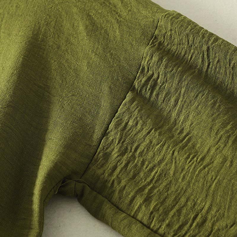 Koszula damska z bawełny i lnu z długim rękawem i okrągłym dekoltem w kolorze oliwkowo-zielonym z motywem kamieni Buddha Stones - image 5