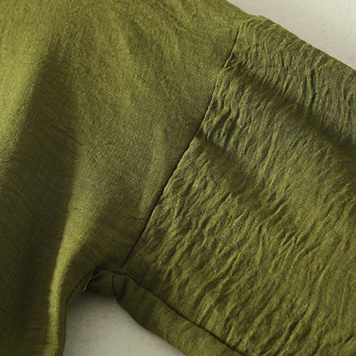 Koszula damska z bawełny i lnu z długim rękawem i okrągłym dekoltem w kolorze oliwkowo-zielonym z motywem kamieni Buddha Stones - image 5