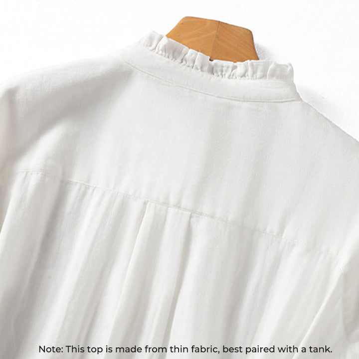 Koszula damska bawełniana z długim rękawem i falbaniastym kołnierzykiem „Buddha Stones” w kolorze białym - image 4