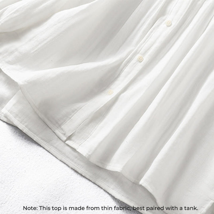 Koszula damska bawełniana z długim rękawem i falbaniastym kołnierzykiem „Buddha Stones” w kolorze białym - image 7