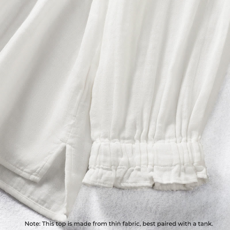 Koszula damska bawełniana z długim rękawem i falbaniastym kołnierzykiem „Buddha Stones” w kolorze białym - image 6