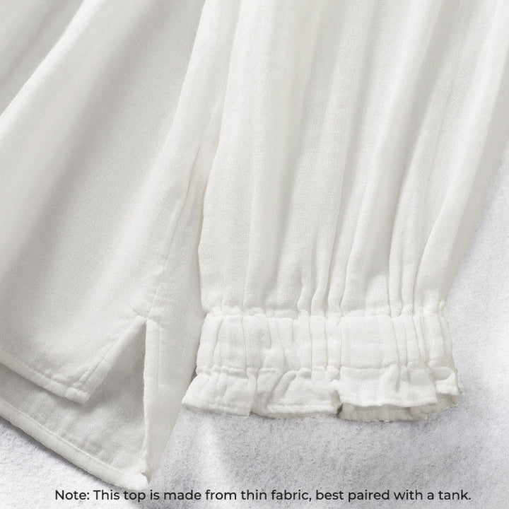 Koszula damska bawełniana z długim rękawem i falbaniastym kołnierzykiem „Buddha Stones” w kolorze białym - image 6