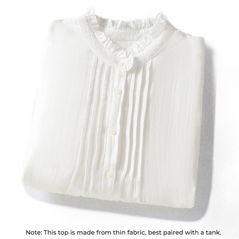 Koszula damska bawełniana z długim rękawem i falbaniastym kołnierzykiem „Buddha Stones” w kolorze białym - image 2