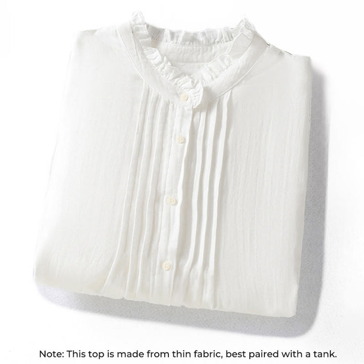 Koszula damska bawełniana z długim rękawem i falbaniastym kołnierzykiem „Buddha Stones” w kolorze białym - image 2