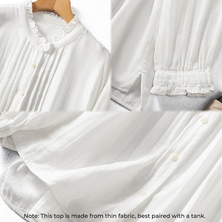 Koszula damska bawełniana z długim rękawem i falbaniastym kołnierzykiem „Buddha Stones” w kolorze białym - image 9