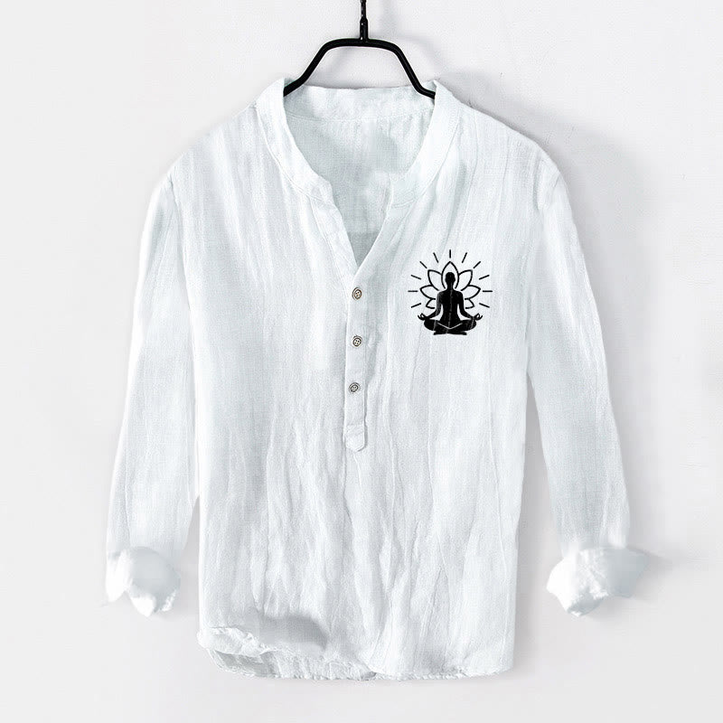 Koszula męska z długim rękawem z bawełny i lnu z motywem medytującego Buddha Stones i motywem lotosu, zapinana na pół guziki - Biały - US/UK/AU50, EU60 (5XL) - image 6