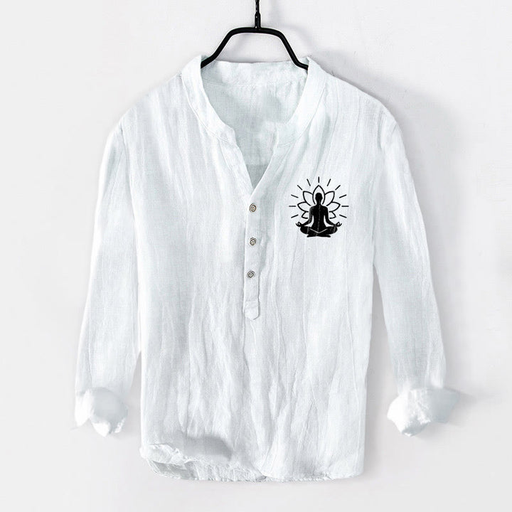 Koszula męska z długim rękawem z bawełny i lnu z motywem medytującego Buddha Stones i motywem lotosu, zapinana na pół guziki - Biały - US/UK/AU50, EU60 (5XL) - image 6