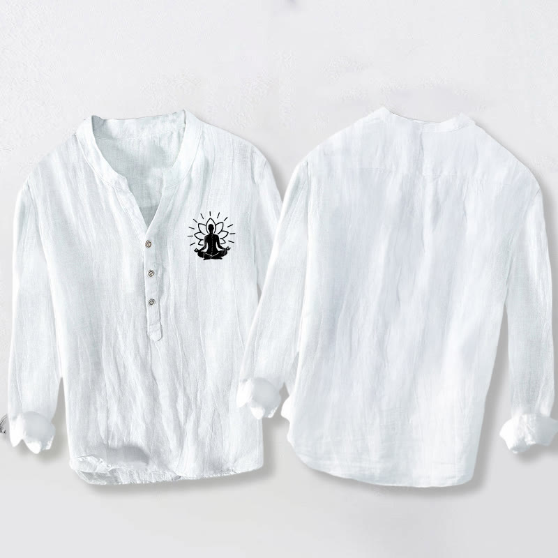 Koszula męska z długim rękawem z bawełny i lnu z motywem medytującego Buddha Stones i motywem lotosu, zapinana na pół guziki - image 8