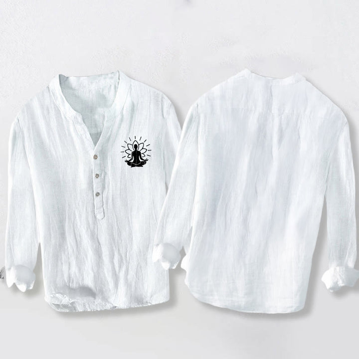 Koszula męska z długim rękawem z bawełny i lnu z motywem medytującego Buddha Stones i motywem lotosu, zapinana na pół guziki - image 8