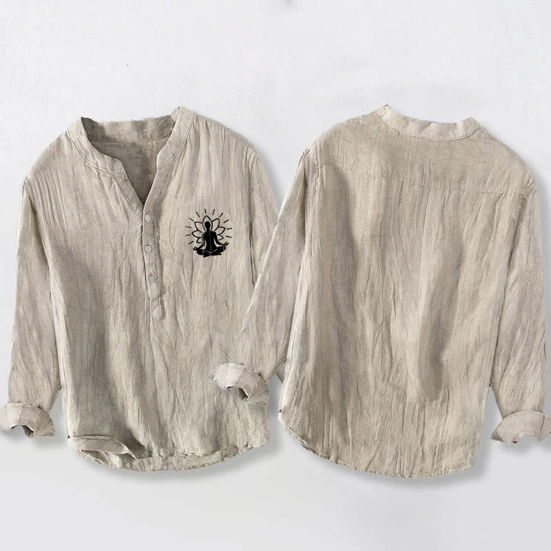 Koszula męska z długim rękawem z bawełny i lnu z motywem medytującego Buddha Stones i motywem lotosu, zapinana na pół guziki - image 5